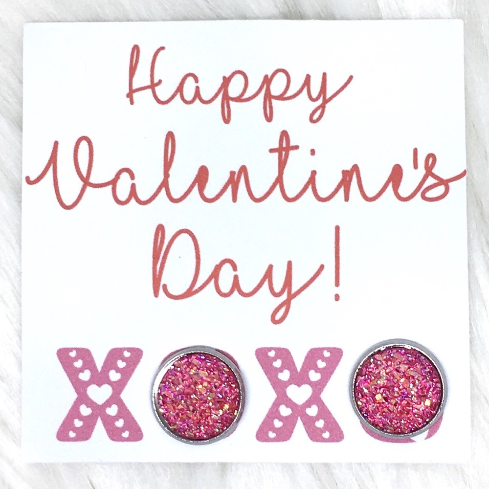 Pink Druzy Earrings on Valentine’s Day Gift Card